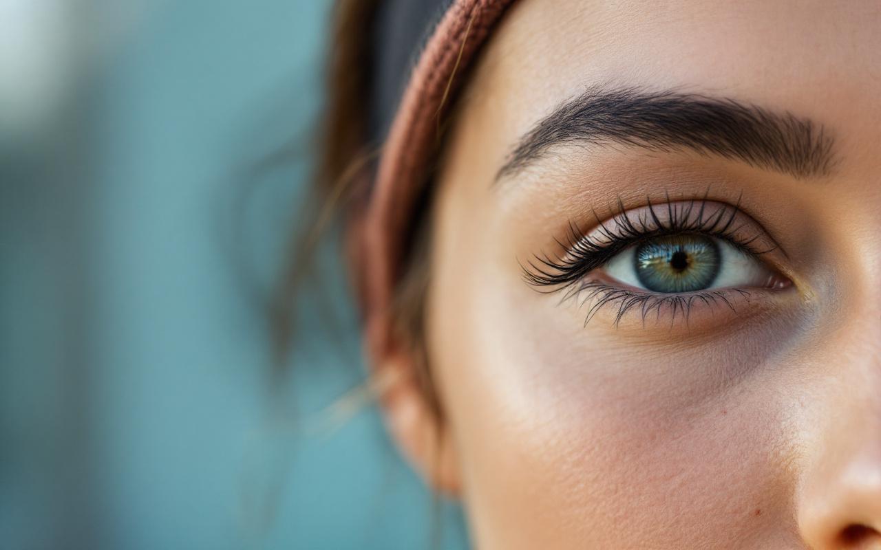 Gros plan d'un bandeau en néoprène porté par un modèle, montrant la texture du tissu, les coutures et l'ajustement autour du front; arrière-plan flou, lumière douce et naturelle, tons bleus et verts dominants.
