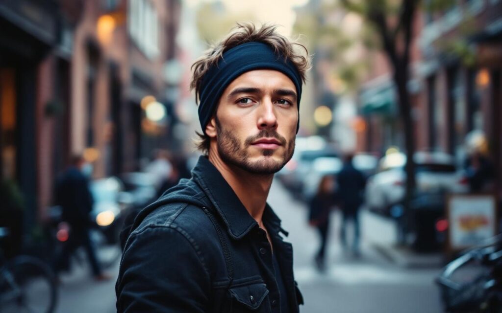 homme-portant-un-bandeau-noir-dans-une-rue-urbaine-bordee-de-boutiques-et-de-velos-vetements-textures-et-regard-calme-lumiere-douce-de-fin-dapres-midi-ambiance-naturelle-tons-bleus-et-gris-av