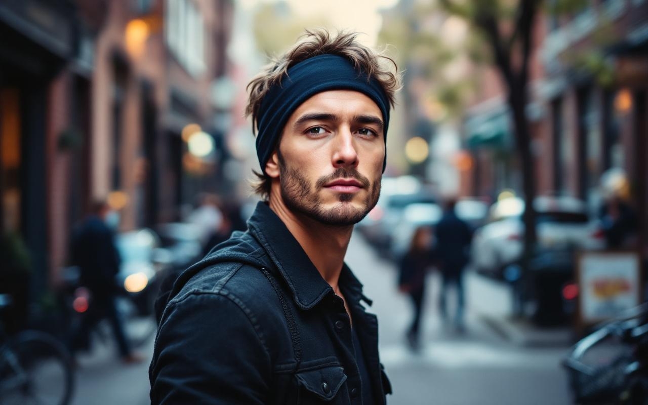 homme-portant-un-bandeau-noir-dans-une-rue-urbaine-bordee-de-boutiques-et-de-velos-vetements-textures-et-regard-calme-lumiere-douce-de-fin-dapres-midi-ambiance-naturelle-tons-bleus-et-gris-av