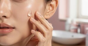 Femme appliquant un sérum aux peptides de collagène sur son visage