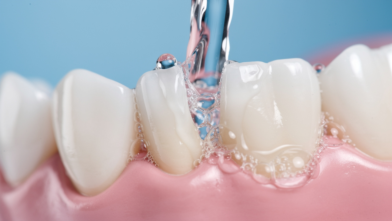 Gros plan photoréaliste d’un jet d’eau pulsé nettoyant doucement l’espace entre les dents, ambiance pédagogique et rassurante.