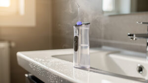 Hydropulseur dentaire posé près d’un lavabo dans une salle de bain lumineuse, ambiance de soin et d’hygiène bucco-dentaire.