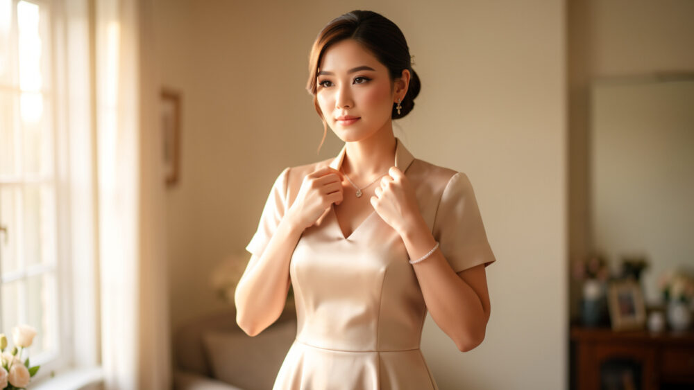 Jeune fille prête pour une cérémonie familiale, cheveux soignés, maquillage doux et tenue élégante, dans une ambiance lumineuse et chaleureuse.