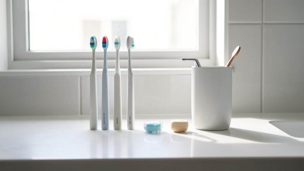 Accessoires d’hygiène bucco-dentaire alignés sur un plan de salle de bain lumineux, moderne et épuré, avec une lumière naturelle douce.