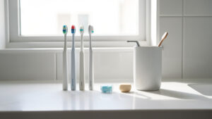 Accessoires d’hygiène bucco-dentaire alignés sur un plan de salle de bain lumineux, moderne et épuré, avec une lumière naturelle douce.