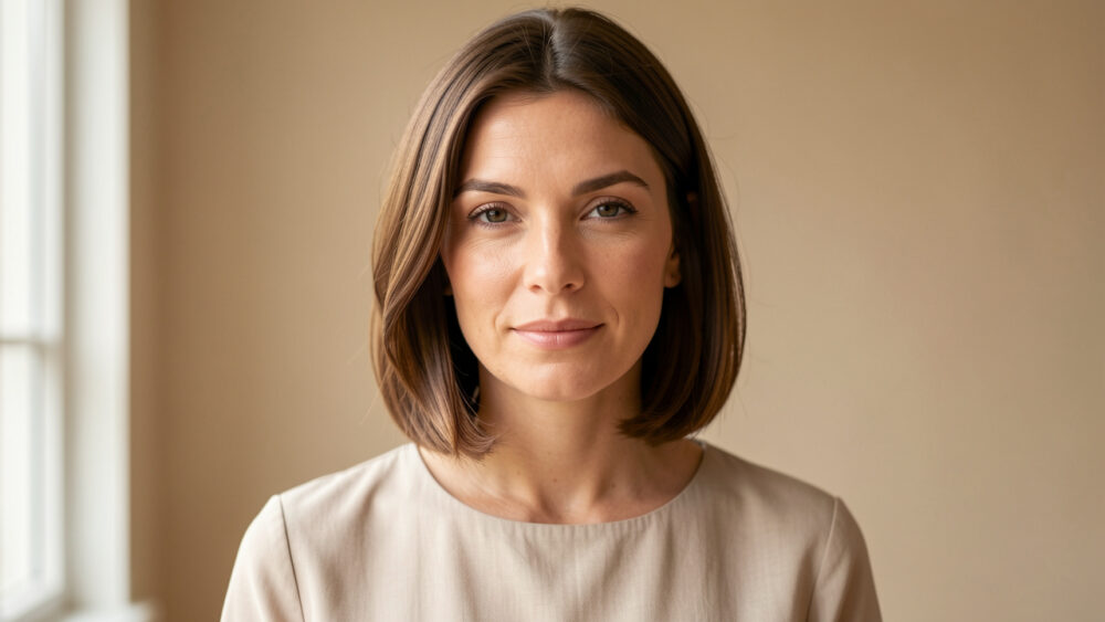 Portrait de beauté de face d’une femme portant un carré mi-long naturel devant un fond beige minimaliste, éclairée par une lumière douce.