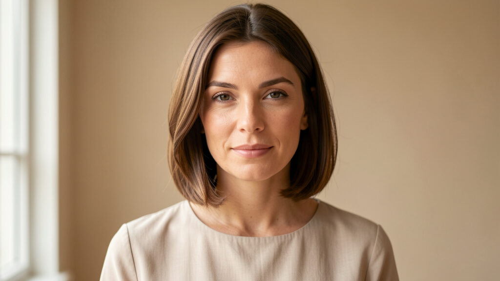 Portrait de beauté de face d’une femme portant un carré mi-long naturel devant un fond beige minimaliste, éclairée par une lumière douce.