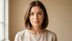 Portrait de beauté de face d’une femme portant un carré mi-long naturel devant un fond beige minimaliste, éclairée par une lumière douce.