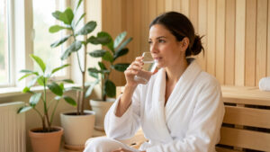 Femme détendue en peignoir blanc, assise dans un espace bien-être lumineux et buvant un verre d’eau après une séance de sauna.