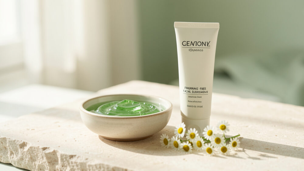 Crème solaire visage sans parfum présentée avec de l’aloe vera et des fleurs de camomille dans une ambiance douce et apaisante.
