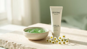 Crème solaire visage sans parfum présentée avec de l’aloe vera et des fleurs de camomille dans une ambiance douce et apaisante.