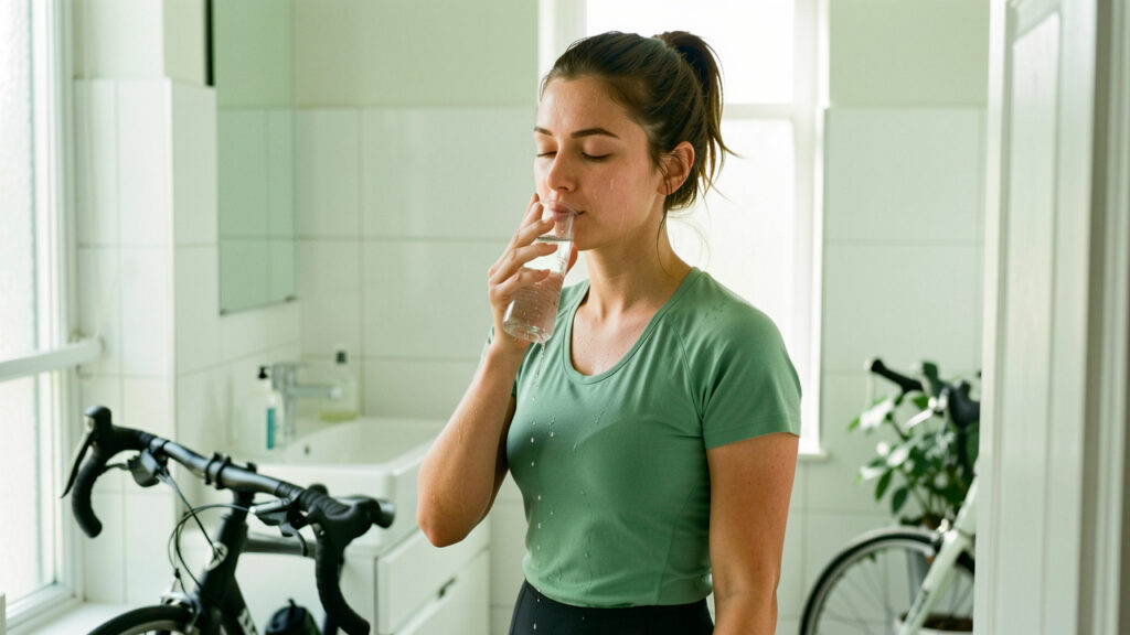 Une jeune femme se rafraîchit doucement le visage après être venue au travail à vélo, dans une salle de bains lumineuse avec son vélo à proximité.