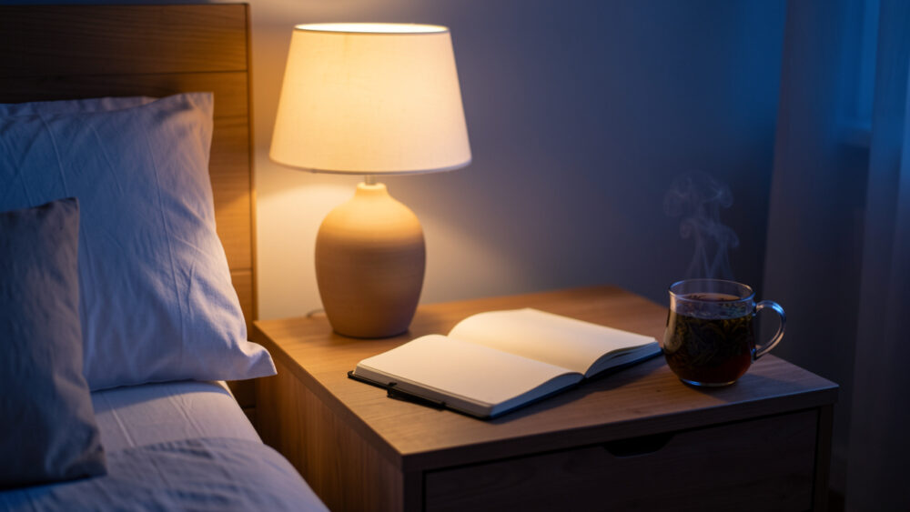 Une chambre apaisante le soir avec un téléphone posé face contre la table, une lampe chaude, un carnet aux pages vierges et une tisane.