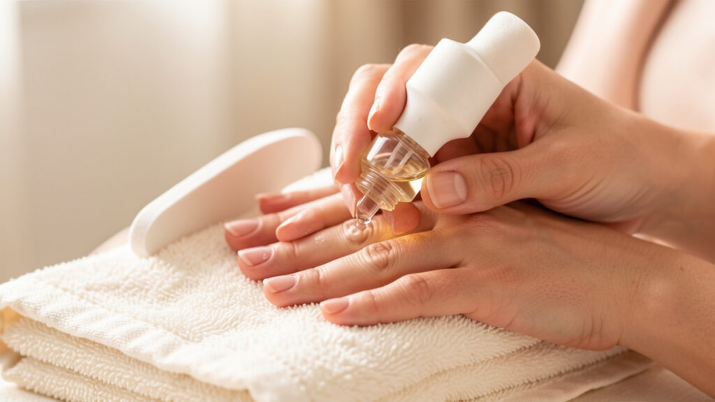 Mains d’une femme aux ongles naturels légèrement fragilisés bénéficiant d’un soin doux avec de l’huile nourrissante, un polissoir souple et une serviette chaude.