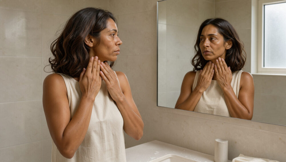 Femme adulte appliquant doucement de la crème solaire sur son cou et le haut de sa poitrine devant un miroir, dans une salle de bain épurée baignée de lumière naturelle.