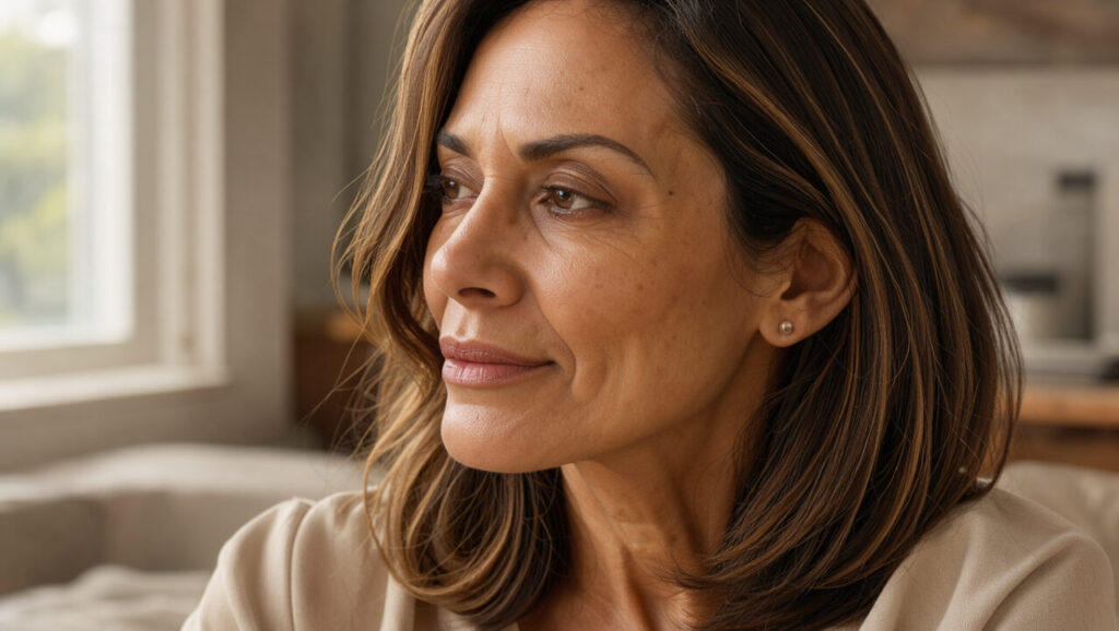 Portrait lumineux d’une femme de 48 ans aux cheveux brun chocolat avec de subtils reflets caramel, éclairée naturellement près d’une fenêtre.